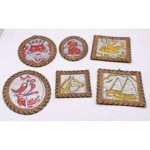 Set 6 Vintage Tin Wood Handmade Wall Art Coasters Nautical Animal Tribal Thin